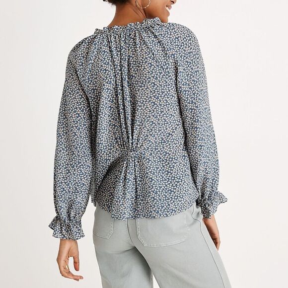 Madewell 100% Silk Poet Top Dusty Slate Blue & Cream Bitsy Floral Size Medium - Picture 3 of 15
